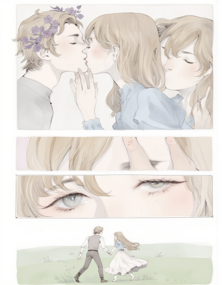 <lora:choffi:1>This image is a digital drawing in a soft, pastel color palette with a romantic and delicate style. It features two characters in a series of four panels. The top-left panel shows a close-up of two faces engaged in a passionate kiss. The man has light brown, messy hair adorned with a purple flower crown, and his skin is pale. He is dressed in a light blue shirt. The woman has long, straight brown hair and fair skin. She wears a blue dress with puffy sleeves and a high collar, and her eyes are closed in ecstasy.
The top-right panel zooms in on the woman's face, showing her closed eyes and a serene expression. Her hand gently touches her cheek, and her hair flows softly.
The bottom-left panel is a close-up of the woman's eyes, which are large and blue, with long, thick lashes. Her gaze is directed downwards, adding a sense of introspection or tenderness.
The bottom-right panel shows the couple in a pastoral setting. The man, with his back to the viewer, is holding the woman's hand as they walk through a field of grass with soft, muted greens. The woman's dress is now seen from the back, with a flowing, ethereal quality. The background is a soft,