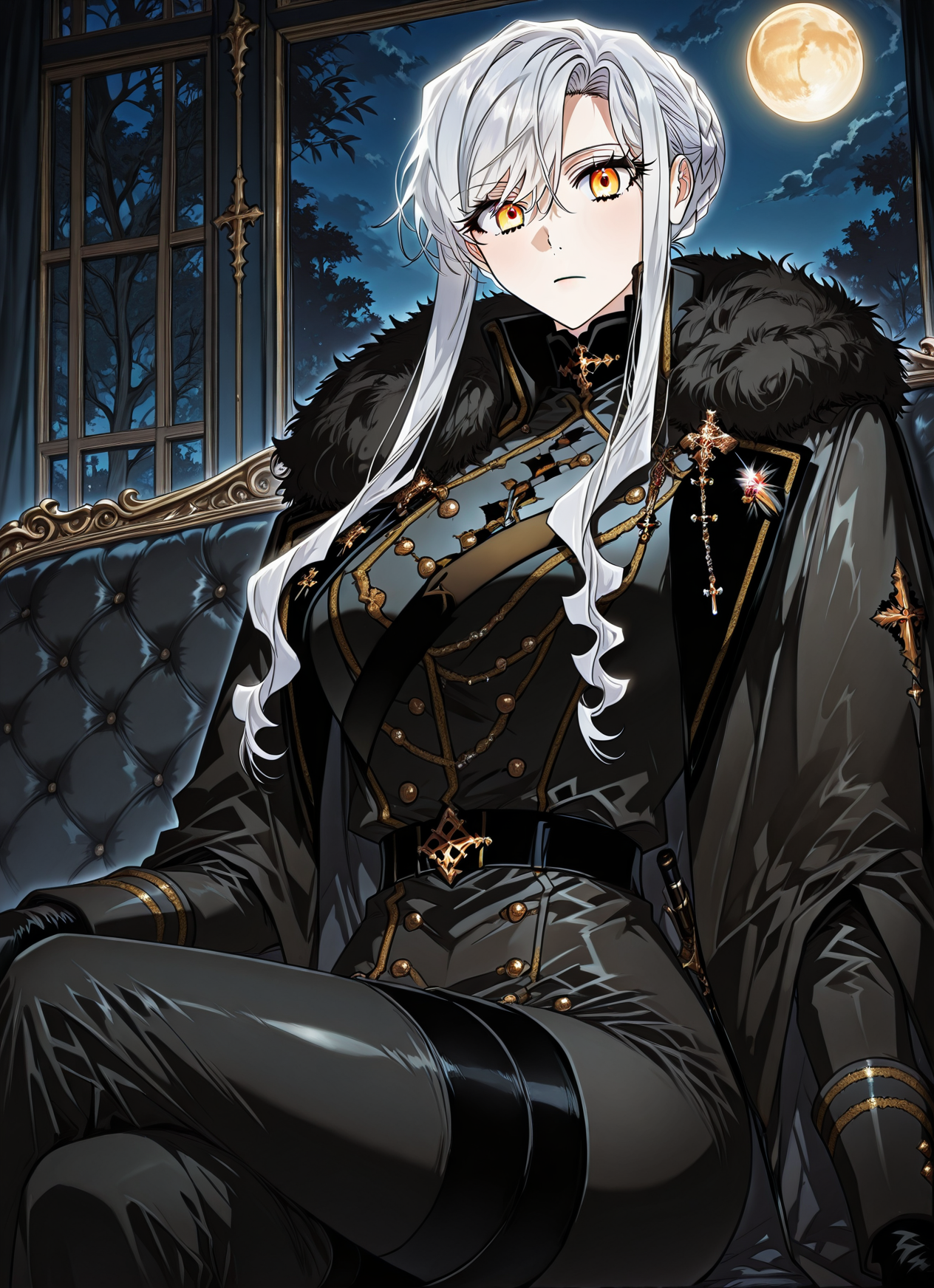 <lora:Sigrid__Sigrid__Illustrious v2:1>
Sigrid, 1girl, solo, long white hair, golden eyes, black military uniform, golden decorations, fur-trimmed cape, black gloves, serious expression, elegant, formal, sigrid_black_ceremonial_uniform
(Anime_source),Masterpiece,(perfect female body:1.2), small waist,(incredibly detailed:1.4), slim, looking at viewer, sitting, crossed legs, night, golden moon, <lora:iLLMythG0thicL1nes:1>