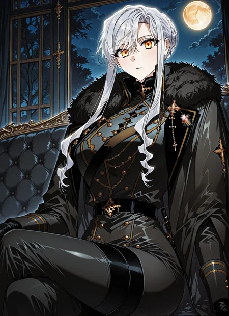 <lora:Sigrid__Sigrid__Illustrious v2:1>
Sigrid, 1girl, solo, long white hair, golden eyes, black military uniform, golden decorations, fur-trimmed cape, black gloves, serious expression, elegant, formal, sigrid_black_ceremonial_uniform
(Anime_source),Masterpiece,(perfect female body:1.2), small waist,(incredibly detailed:1.4), slim, looking at viewer, sitting, crossed legs, night, golden moon, <lora:iLLMythG0thicL1nes:1>
