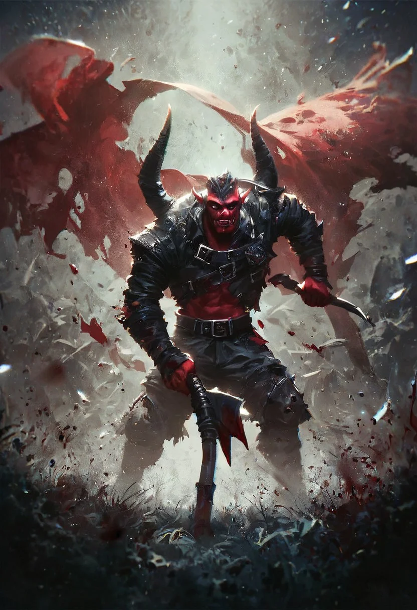 score_9,score_8_up,score_7_up,solo ,dark night,no light,very dark, big red orc, ork, horns, battle ready, aggressive, axe in hand, bloody axe, red skin, blood splatter, war-cry, weapons in background, flag