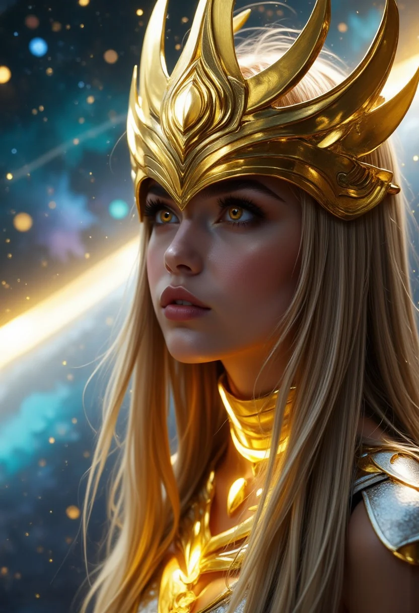 a close-up shot of an ethereal star woman with eyes body and face glowing like galaxies, she has gold eyes and long straight light blonde hair, she is surrounded by swirling, vibrant cosmic colors, vibrant star planet, ultra-detailed and photorealistic rendering, soft ambient lighting, starry nebulae in the background, dynamic and radiant color gradients, glowing reflections, cinematic composition, surreal and otherworldly atmosphere, intricate facial features, flowing hair infused with cosmic energy, luminous and ethereal, celestial radiance, soft yet detailed textures, otherworldly beauty. the girl is justicar syndra, she is wearing a gold ornate headpiece that resembles a helmet.
looking up, fingers to cheeks,