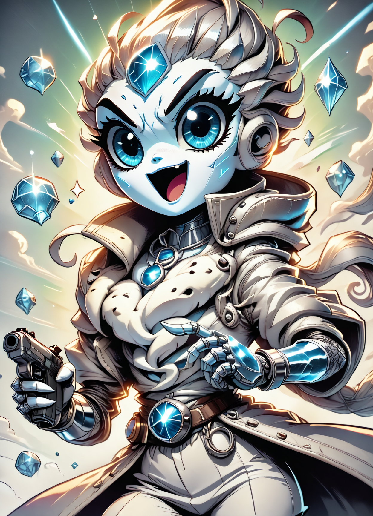 DonMC4r700nFu510nXL,  score_9, score_8_up, score_7_up, score_6_up, female ice lord, duelist, pistol, rating_safe, <lora:DonMC4r700nFu510nXL-pony:1>