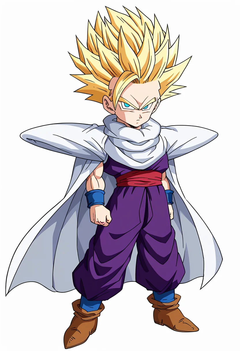 score_9, score_8_up, score_7_up, anime_screencap, screencap, official anime artwork, BREAK, <lora:KidGohanCellPony:1>, ghnssj2, 1boy, male focus, solo, purple vest, red sash, white background, full body, purple pants, closed mouth, looking at viewer, blue wristband, serious, standing, white cape, frown, brown shoes, blue eyes, male child, arms at sides, blonde hair, martial arts clothes, no pupils, super saiyan 2, asymmetrical bangs