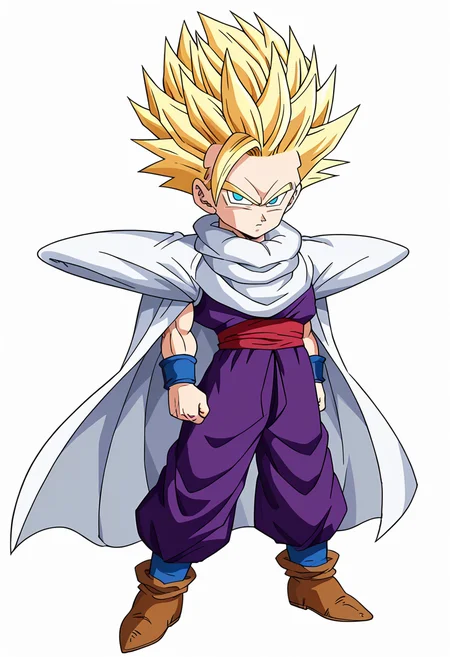 score_9, score_8_up, score_7_up, anime_screencap, screencap, official anime artwork, BREAK,  <lora:KidGohanCellPony:1>, ghnssj2, 1boy, male focus, solo, purple vest, red sash, white background, full body, purple pants, closed mouth, looking at viewer, blue wristband, serious, standing, white cape, frown, brown shoes, blue eyes, male child, arms at sides, blonde hair, martial arts clothes, no pupils, super saiyan 2, asymmetrical bangs
