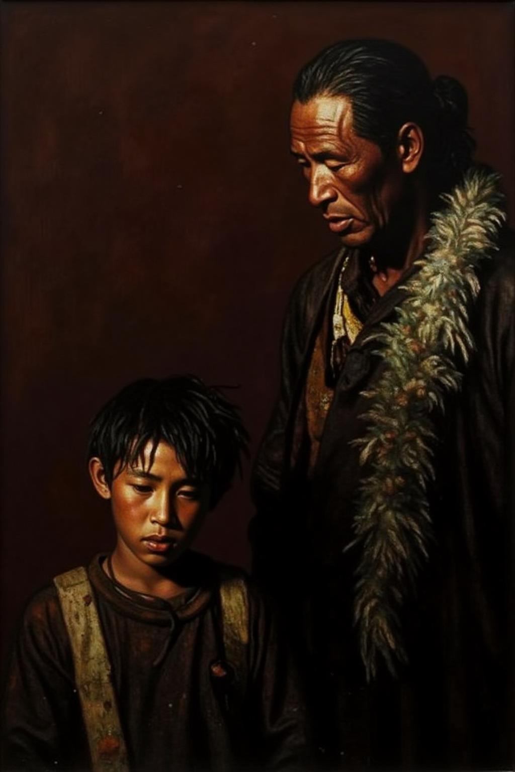 chenyifei1 painting.
Two men dressed in rags are depicted against a dark, earthy brown background. The subject in the foreground is a young boy with short, unkempt hair and a contemplative expression.
 <lora:chenyifei1_cap_d6a3:1.0><lora:839140544388023657:0>
