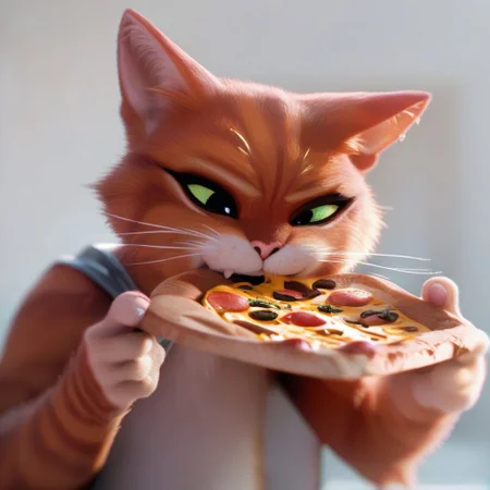 score_9_up, score_8_up, score_7_up, source_furry, puss in boots \(character\), cat. eating pizza