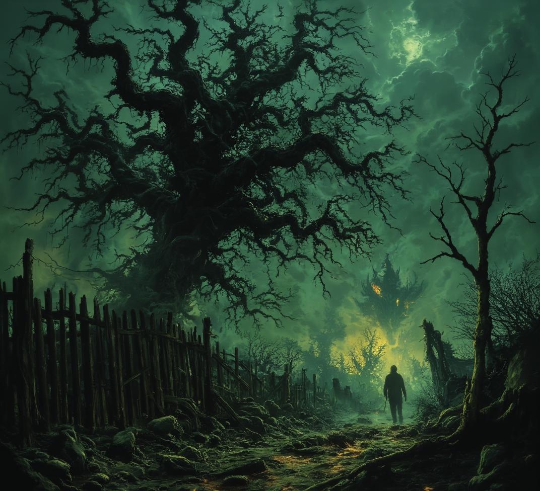 <lora:Spooky_Horror.safetensors:1> In this haunting and demonic scene, a twisted visage looms The air is heavy with tension as candlelight dances across the darkened space, casting sinister shadows that seem to pulse with an otherworldly energy.
In the heart of a desolate landscape, a lone tree stands, its broad leaves now a hauntingly pale green, almost translucent, as if the life has been drained from them. The leaves quiver in a silent, unnatural breeze, their delicate edges catching the dim, flickering light. The sky above is a heavy, brooding gray, thick with mist that seems to whisper malevolent secrets. The tree's branches, once sturdy and life-giving, now twist and contort, casting long, distorted shadows that twist and writhe on the ground.
Behind the tree, a wooden fence, ancient and weathered, juts out, its splintered planks and crooked posts adding to the sense of decay and abandonment. The fence seems to creak and groan under an unseen weight, as if something dark and ancient is pressing against it, trying to break through.
The ground is littered with jagged rocks and twisted roots, forming a treacherous path that invites missteps and falls. Eerie, glowing mists drift through the air, casting an otherworldly light that only deepens the sense of dread. Faint, unsettling sounds echo through the mist—whispers, distant screams, and the rustling of unseen creatures.
In the distance, a faint, unexplained glow flickers, as if a fire burns but never consumes. The light casts long, distorted shadows that seem to move on their own, reaching out like bony fingers. The air is thick with a palpable tension, as if the very atmosphere is alive with malevolent intent. Every element of this nightmare landscape contributes to an overwhelming sense of terror and unease, leaving the viewer with a deep, visceral fear that lingers long after they have looked away.