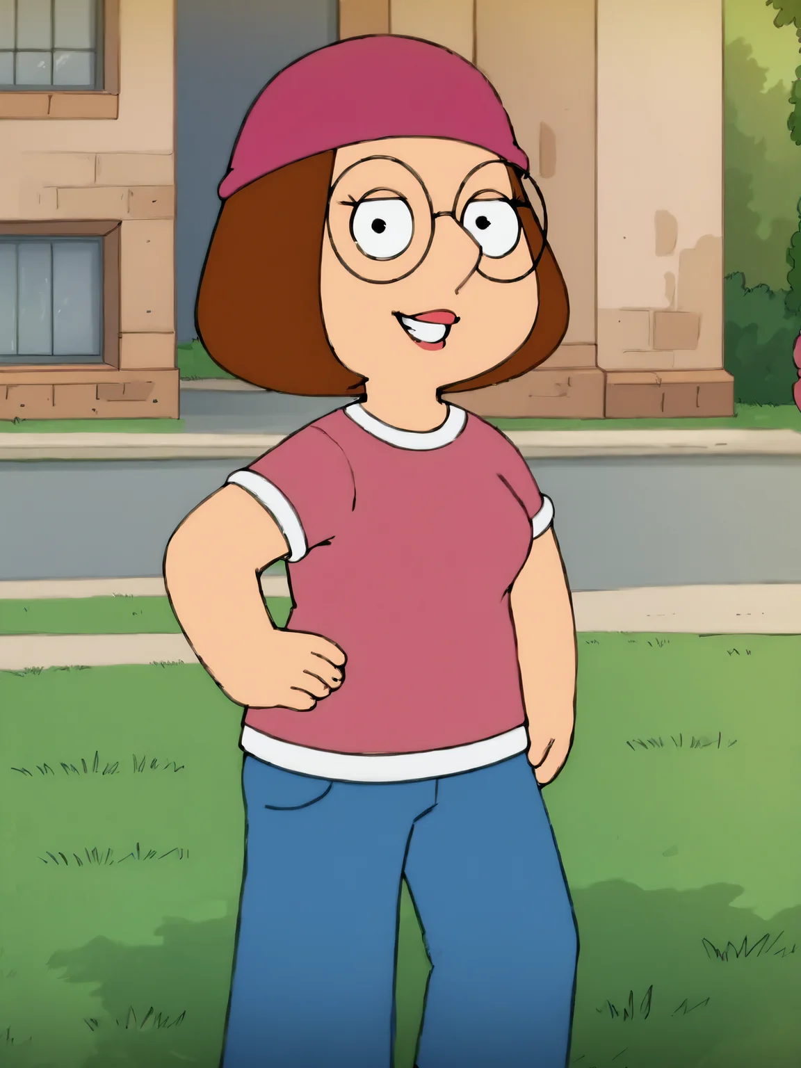 <lora:Meg_Griffin:1>meg, brown hair, 1girl, glasses, solo, short hair, flat color, hat, blue pants, pants, beanie, pink shirt,standing,outdoors, hand on own hip, upper body, outdoors, looking at viewer, smile,, score_9, score_8_up, score_7_up, score_6_up, score_5_up, score_4_up