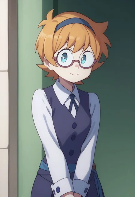 score_9, score_8_up, source_anime, highly detailed, 1girl, solo
lotte, 1girl, freckles, solo, glasses, short hair, school uniform, smile, luna nova school uniform, hairband, blue eyes, long sleeves, orange hair, v arms, white shirt,