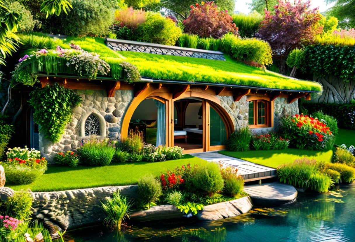 in front hangs a single-story house built of stone, covered and merged with nature, the roof reaches the ground and is completely covered with grass and green grass, the hobbit-type house, a large veranda in front of a table and chairs made of wooden branches, a lounger type, a large barbecue, round windows, a stone chimney, a spacious room inside, at least three rooms, an indoor toilet and a bathroom, a separate wide kitchen merged with the living room, nestled in the forest in front of it runs a river, a meadow with colorful flowers, realistic style, photorealism, a sense of harmony and tranquility ,relaxation,