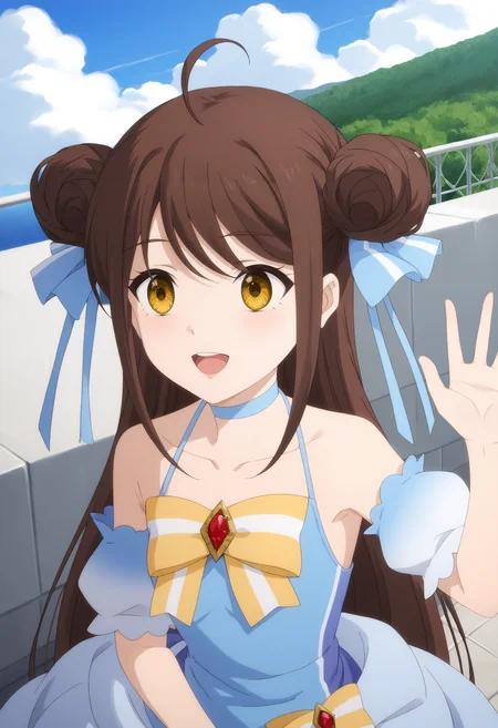 <lora:Falanya Elk Arbalest:1>,
Falanya Elk Arbalest,solo,brown hair,long hair,double bun,yellow eyes,blue dress,ahoge,hair ribbon,choker,jewelry,blue dress,bare shoulders,blue ribbon,yellow bow,upper_body,upper teeth only,outdoors,sky,cloud,sunshine,sitting,from_above,detached sleeves,waving