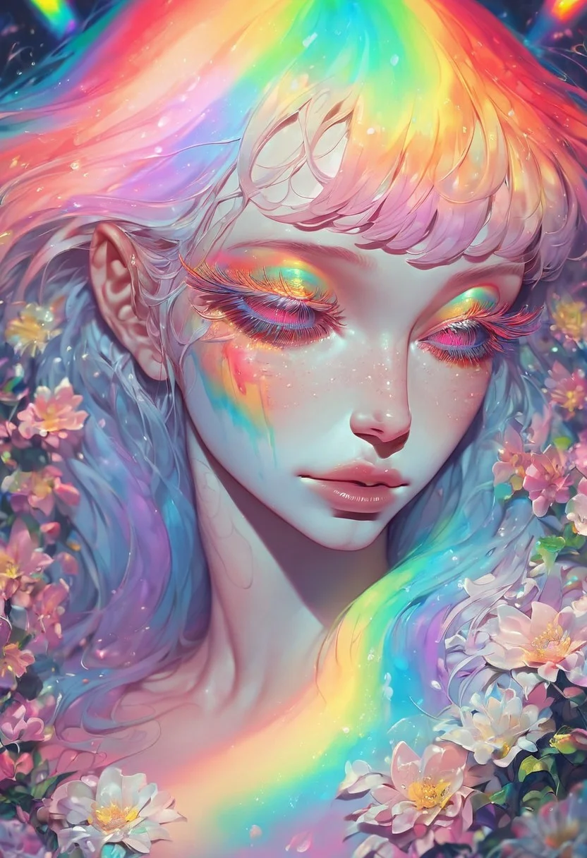 score_9, score_8_up, score_7_up, 1girl, girl, cute face, freckles, (bangs:1.2), long hair, rainbow makeup, (long eyelashes:1.4), half-closed eyes,
pastel, flowers, vibrant, exciting, uplifting, happy,
Expressiveh, th3rm4l, colorful, thermal, <lora:SDXLFaeTastic2400:0.65>,