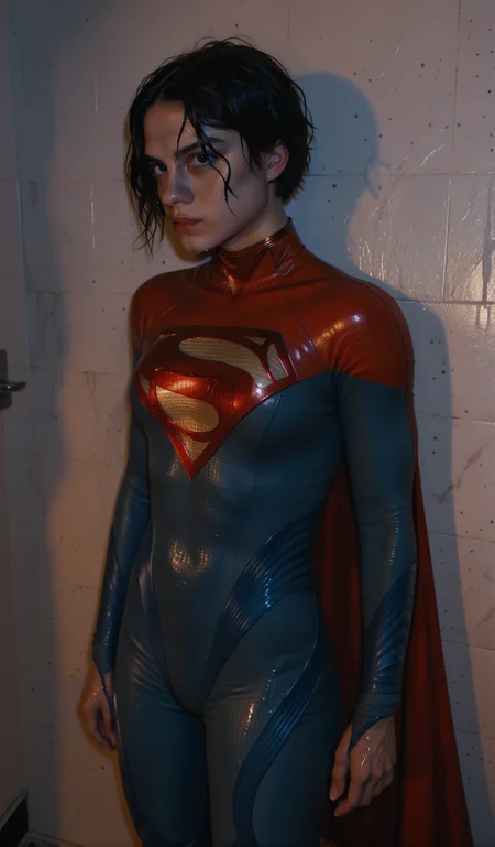 woman, solo, short hair, black hair, wet skin, wet hair, indoors, beautiful,back against a wall, flash light, slim, athletic, bodysuit, red cape, looking at the viewer, black eyes <lora:Point_and_shoot_v0.1:3> <lora:SupergirlThe_Flash:1> sup3rg1rl <lora:Pony_DetailV2.0:3>, score_9, score_8_up, score_7_up, score_6_up, (ultra sharp focus)