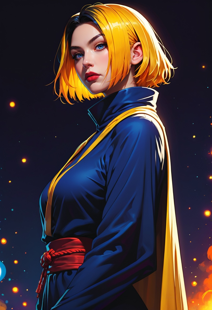 <lora:g0th1cPXL:0.5>g0th1c<lora:TradingCardsPonyXL:0.65>dsktrdcardxl,score_9, score_8_up, score_7_up, score_6_up, solo, source_comic, comic book art, fantasy art, Lenticular, dark and dim, Low Angle, (side view perspective), a woman, (ninja:1.1) woman, with orange ,yellow hair, deep dark black ,blue eyes, detailed eyes, with a high collar cyber (Samurai:1.1) jacket, Large linen cape ,super detailed, background is ultraviolet , surrounded by a detailed spacescape with translucent dark-amber Highlights, stunning lighting, detailed, highly vibrant, detailed, masterpiece, highly detailed, high quality, score_5_up, score_4_up,