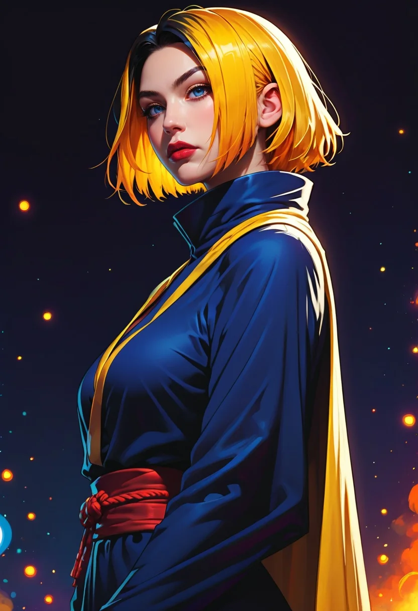 <lora:g0th1cPXL:0.5>g0th1c<lora:TradingCardsPonyXL:0.65>dsktrdcardxl,score_9, score_8_up, score_7_up, score_6_up, solo, source_comic, comic book art, fantasy art, Lenticular, dark and dim, Low Angle, (side view perspective), a woman, (ninja:1.1) woman, with orange ,yellow hair, deep dark black ,blue eyes, detailed eyes, with a high collar cyber (Samurai:1.1) jacket, Large linen cape ,super detailed, background is ultraviolet , surrounded by a detailed spacescape with translucent dark-amber Highlights, stunning lighting, detailed, highly vibrant, detailed, masterpiece, highly detailed, high quality, score_5_up, score_4_up,
