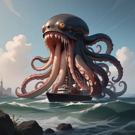 (score_9), (score_8_up), (score_7_up), (score_6_up), (score_5_up), (score_4_up), Gritty, noir, anime, Bright, (Cell Shading), (masterpiece), create the sea monster known as the kraken in a steampunk style, the kraken takes the shape of an octopus with a giant gaping maw with razor-sharp teeth