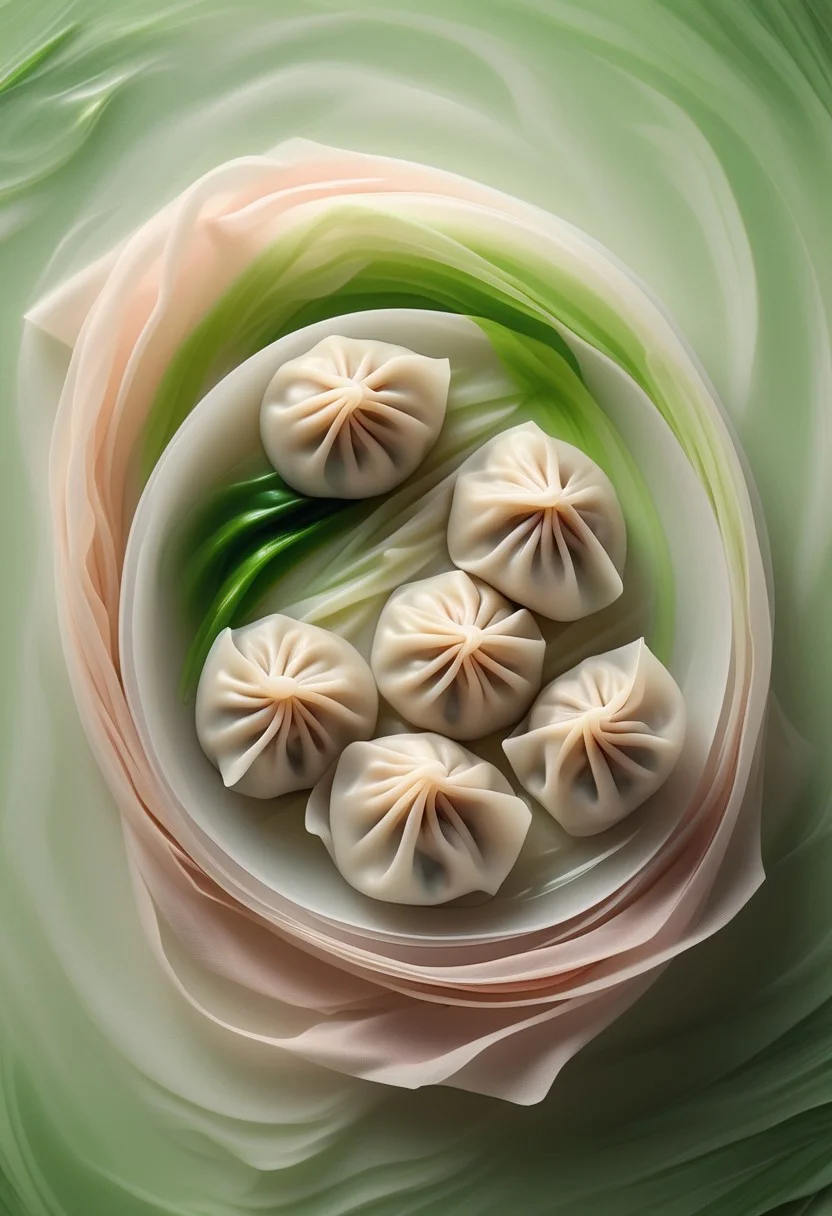 Abstract Still Life of a Steamed Dumpling, Layers of Delicate Satin White and Blush Pink, surrounded by Floating Wisps of Soy Brown Vapor, Glowing Scallion Green Highlights, Soft Shadows Cast on a Smooth Matte Surface, Capturing the Essence of Warm, Freshly Steamed Dim Sum
