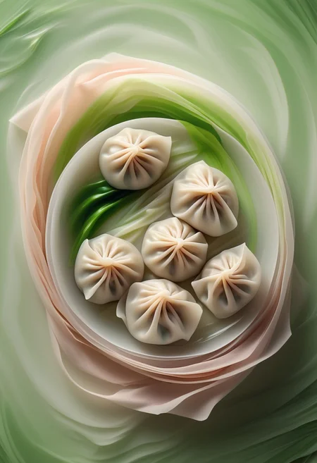 Abstract Still Life of a Steamed Dumpling, Layers of Delicate Satin White and Blush Pink, surrounded by Floating Wisps of Soy Brown Vapor, Glowing Scallion Green Highlights, Soft Shadows Cast on a Smooth Matte Surface, Capturing the Essence of Warm, Freshly Steamed Dim Sum