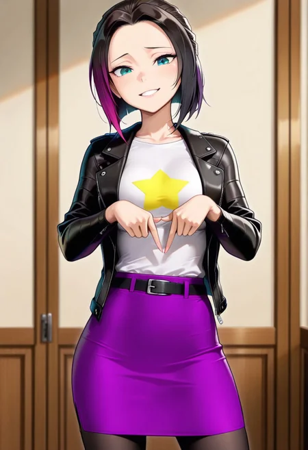 masterpiece, good quality, best quality, dynamic view, original style, screencap, TDPstyle
Zoe, blue eyes, black hair, purple tips, black leather jacket, white shirt, star shirt, purple skirt, black leggings, medium breast,
(solo, seducing, sexy pose, dynamic pose, looking at viewer, cowboy shot)
