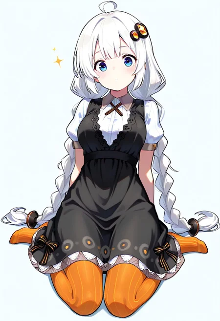 ((((((masterpiece)))))), ((((((best quality)))))), ((((((very aesthetic)))))), ((((((absurdres)))))),  masterpiece, best quality, absurdres, facing viewer, hair ornament, black dress, short sleeves, striped legwear, pantyhose, full body, 立ち絵
1girl, Kizuna Akari, white hair, blue eyes, braid,