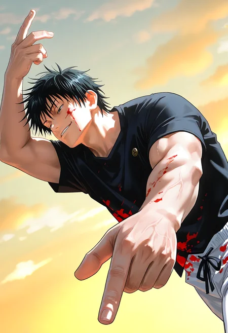 1boy, honored, fushiguro touji, jujutsu kaisen, cloud, yellow sky, smirk, half-closed eyes, blood on clothes, blood on face, muscular, black eyes, black shirt, t-shirt, white pants, scar, scar on face,
<lora:cfg_scale_boost:0.2>,<lora:nai_noob_new_1536:0.3>,<lora:nyaliaXLNBVP1lokrV6311P:0.3>, <lora:illustriousXL_stabilizer_v1.23:0.4>, <lora:honored:1.0>, (masterpiece, best quality, newest, highres:1.3), good quality, very aesthetic, absurdres, newest, very awa,