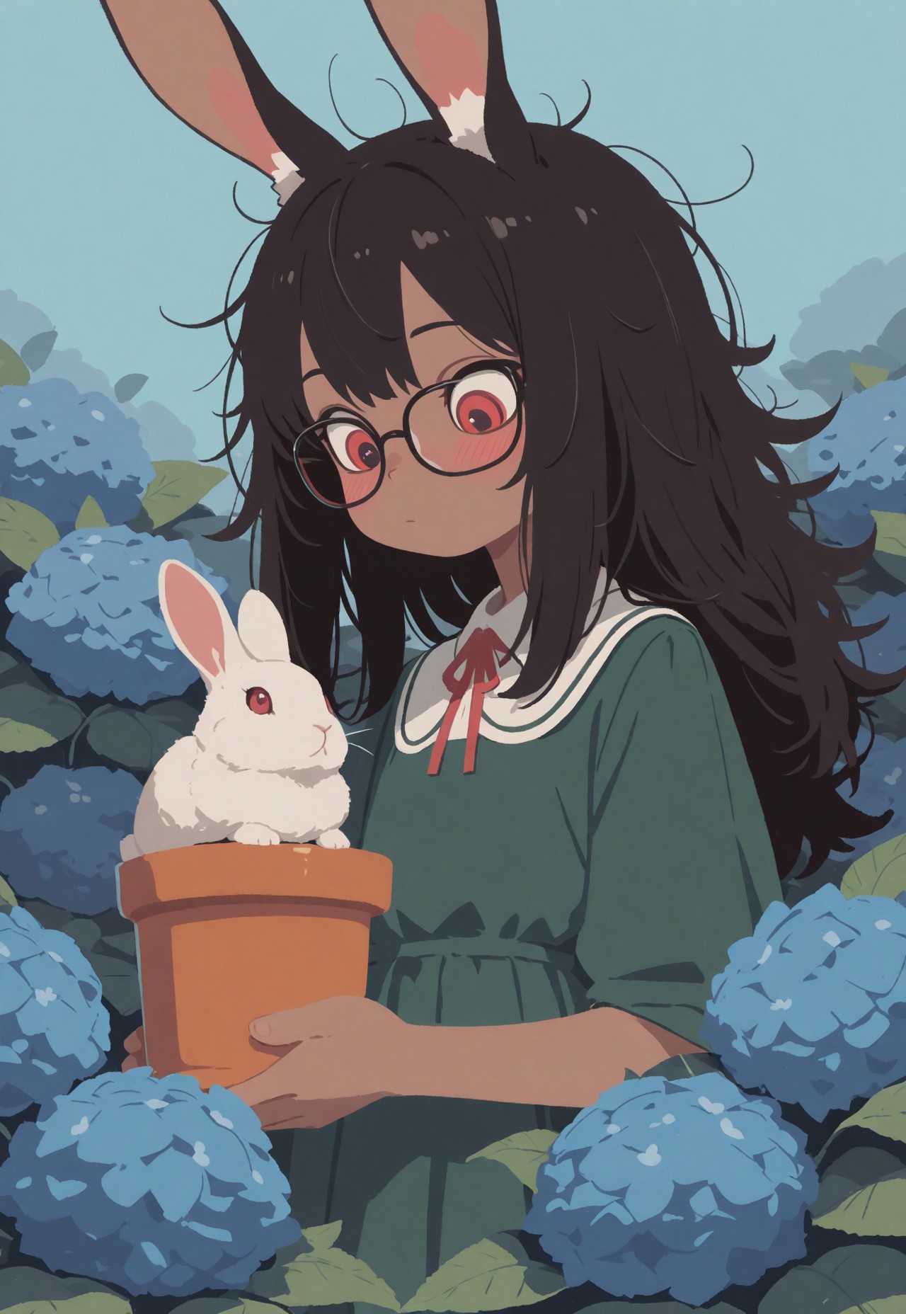 masterpiece, best quality,high quality, newest, highres,absurdres, portrait, dark light, (brown skin), 1 girl, rabbit girl, solo, black hair, glossy hair, bored, glasses, messy hair, holding up potted plant, white rabbit, interacting with plant, hydrangea, blue flower, flat style, flat chest, portrait, red eyes, looking down, confused, large eyes, green dress, blue background, many leaves in background, (flat color),  schoolgirl outfit, surrounded by leaves, leaves in foreground,