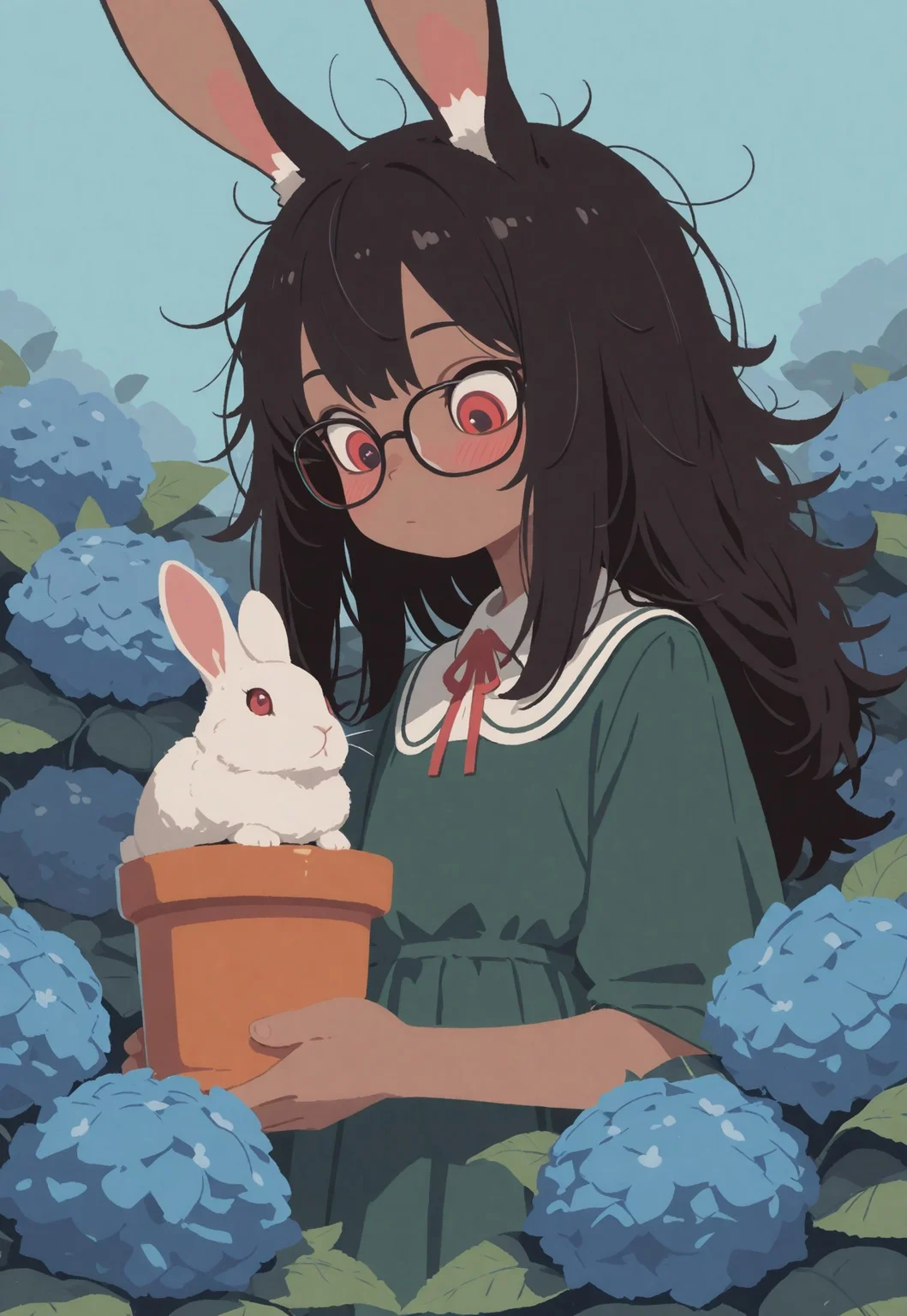 masterpiece, best quality,high quality, newest, highres,absurdres, portrait, dark light, (brown skin), 1 girl, rabbit girl, solo, black hair, glossy hair, bored, glasses, messy hair, holding up potted plant, white rabbit, interacting with plant, hydrangea, blue flower, flat style, flat chest, portrait, red eyes, looking down, confused, large eyes, green dress, blue background, many leaves in background, (flat color),  schoolgirl outfit, surrounded by leaves, leaves in foreground,