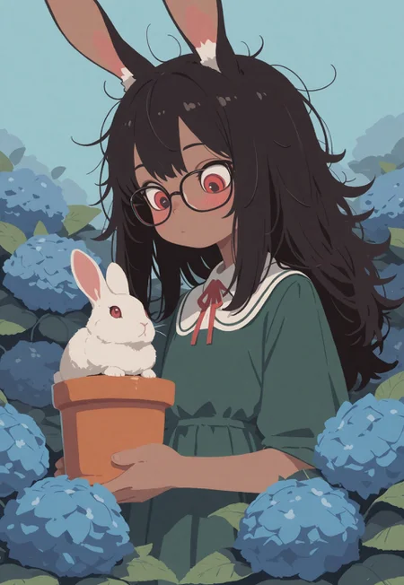 masterpiece, best quality,high quality, newest, highres,absurdres, portrait, dark light, (brown skin), 1 girl, rabbit girl, solo, black hair, glossy hair, bored, glasses, messy hair, holding up potted plant, white rabbit, interacting with plant, hydrangea, blue flower, flat style, flat chest, portrait, red eyes, looking down, confused, large eyes, green dress, blue background, many leaves in background, (flat color),  schoolgirl outfit, surrounded by leaves, leaves in foreground,