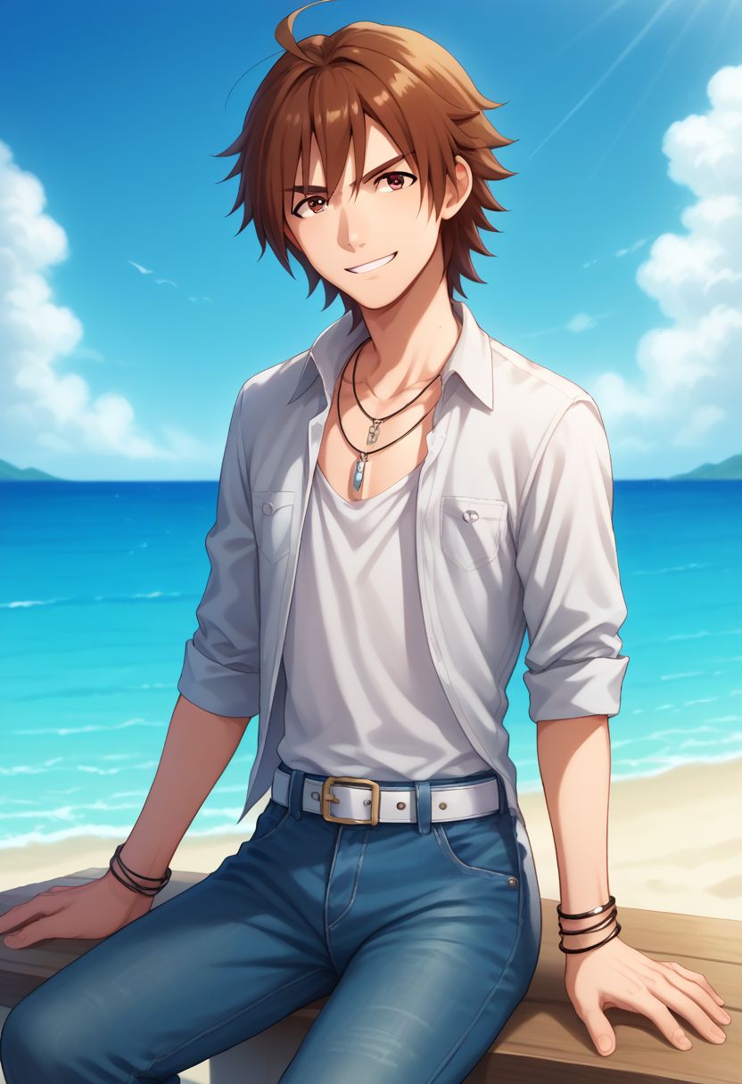 score_9, score_8_up, score_7_up, source_anime, highly detailed, 
touma, 1boy, male focus, solo, brown hair, brown eyes, shirt, jewelry, day, beach, belt,
ocean, outdoors, bracelet, sky, necklace, pants, looking at viewer, open clothes, smile, cloud, denim, skinny, bare foot, sit,