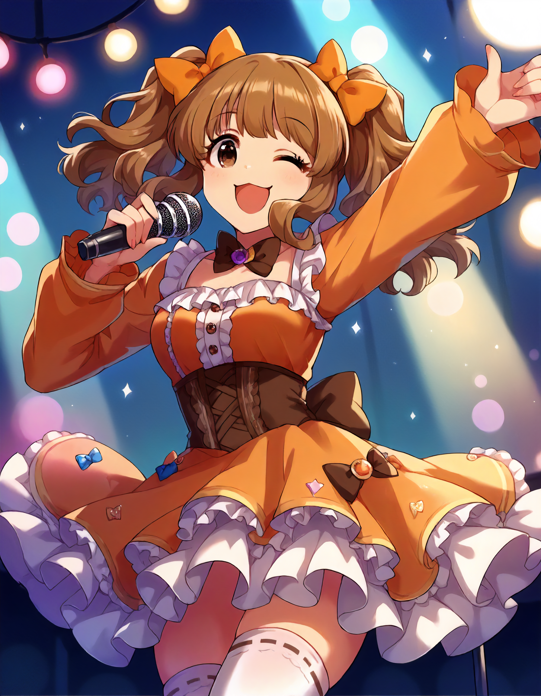score_9,score_8_up,score_7_up,1girl,solo,cowboy shot,looking at viewer,smile,wink,open mouth,holding microphone,stage lights,
<lora:moroboshikirari_ponyXLV6:0.8>,cgmkr,
brown hair,twintails,brown eyes,
hair bow,orange dress,frills,thighhighs