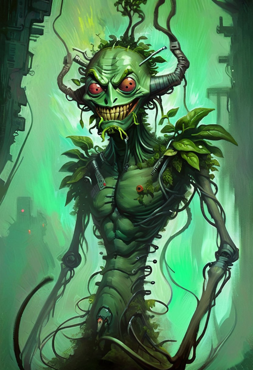 w4rh4mm3r style oil painting, grimdark, cybernetic , 
tall creepy spinach man monster, lascivious smile