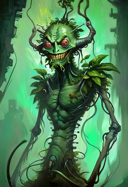 w4rh4mm3r style oil painting, grimdark, cybernetic , 
tall creepy spinach man monster, lascivious smile