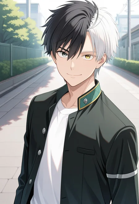 masterpiece,best quality,amazing quality, source_anime,
sakuharuka, 1boy, male focus, solo, heterocromia, grey eyes, yellow eyes, split-color hair, black hair, white hair, school uniform, jacket, black jacket, open jacket, shirt, white shirt, smile, looking at viewer, outdoor,