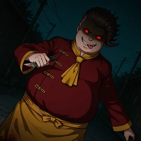 masterpiece, best quality, colorful, amazing quality, detailed background, cinematic, outdoors, <lora:teruteru-v1-08:1> dteruteruh, =_=, 1other, chubby, shaded face, (glowing eyes, red sclera, yellow pupils), wide-eyes, red tangzhuang shirt, long sleeves, smirk, tongue out, parted lips, mandarin collar, cowboy shot, yellow waist apron, sitting, BREAK ((yellow)) wide_sleeves, yellow ascot, dynamic pose, dark, dutch angle, holding knife, smirk, saliva, incoming attack, blood,