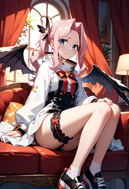 score_9,score_8_up,score_7_up,source_anime,Darry Adai,1girl,solo,looking at viewer,blush,wings,shoes,bridal garter,