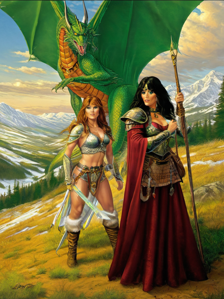 fantasy illustrations of by Elmore_Style_LX , Witches and warriors, sexy, skimpy, slutty, supermodel witch, adventure, cinematic, epic outdoor location, fantasy illustration, cinematic scene by forgotten realms, 1woman barbarian, skimpy armor, Huge breasts, bikini armor, sexy barbarian nude , with sword with a magic items, in the background epic winter sunset Fantasy masterpiece by Larry Elmore , dragonlance , <lora:Elmore_Style_LX-000010:0.7>