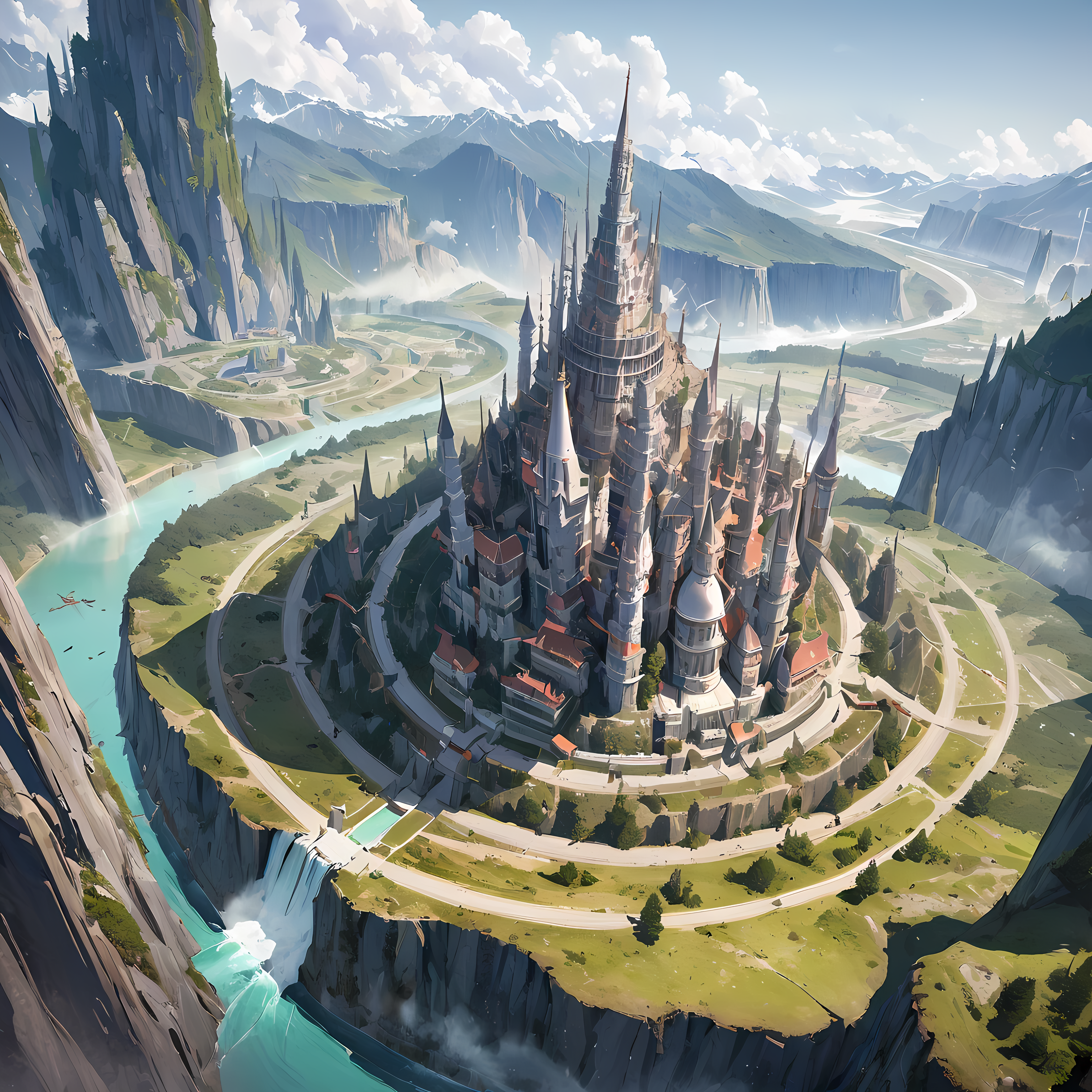 Aerial View of Towering steep and towering high white Tower and Village in a cliff, thick wild forest, mist, fog, Asymmetric circle cliff canyon, ((Aerial View):1.2), Coexistence with the natural environment, Magic Tower, lush colorful wild forest, Beautiful scenery, white Tower, Very detailed, best quality, masterpiece, High resolution, surreal, 8K, Top view, high angle view, Minimalism.