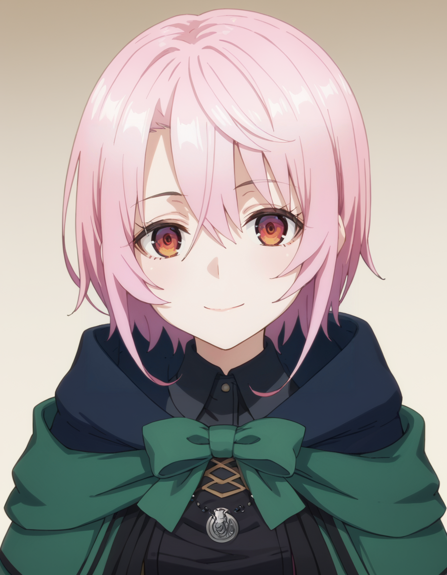 score_9, score_8_up, score_7_up, source_anime, BREAK
1girl, solo, looking at viewer, gradient background, light smile, upper body, teen,
sitri smart, short hair, pink hair, asymmetrical bangs, hair between eyes, red eyes
green robe, black dress, bowtie, necklace,
 <lora:sitri_smart_anime-soralz:1>