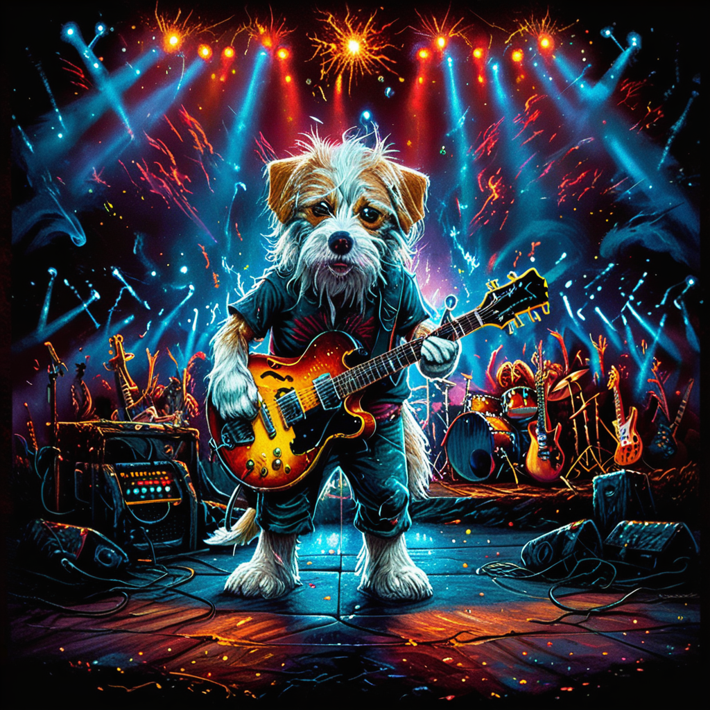 Hyperrealistic, crystal-clear portrait of a  <lora:ZIP_SDXL:1> zip dog looking at the viewer Walking on stage playing his guitar  <lora:1980s_Fantasy_Style_test_2:0.3> 1980s Fantasy Style, vivid color <lora:Rock_Concert:0.8> r0ckc0ncert, on stage, light show, smoke, band, instruments <lora:tbh160-sdxl:0.8> style of Dan Mumford  ith super sharp details and vivid colors, intricate textures, and pristine clarity.