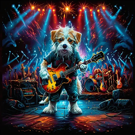 Hyperrealistic, crystal-clear portrait of a <lora:ZIP_SDXL:1> zip dog looking at the viewer Walking on stage playing his guitar <lora:1980s_Fantasy_Style_test_2:0.3> 1980s Fantasy Style, vivid color <lora:Rock_Concert:0.8> r0ckc0ncert, on stage, light show, smoke, band, instruments <lora:tbh160-sdxl:0.8> style of Dan Mumford ith super sharp details and vivid colors, intricate textures, and pristine clarity.