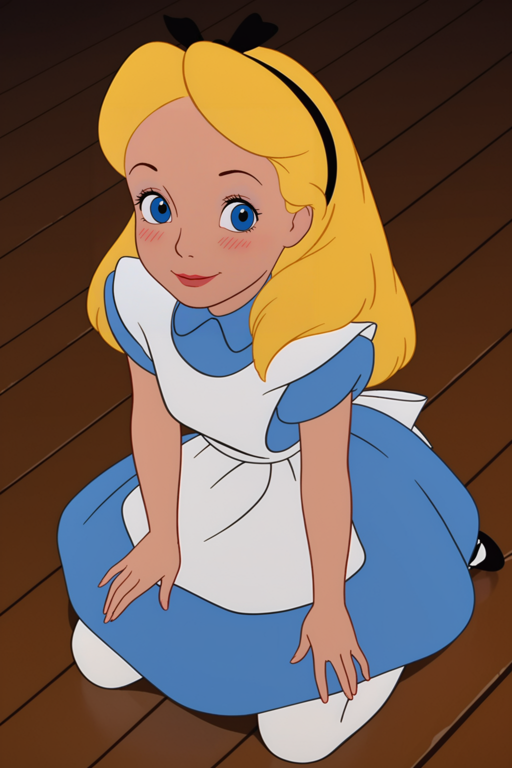 retro artstyle, 1980s (style), score_9, score_8_up, score_7_up, score_6_up, score_5_up, score_4_up, <lora:Alice_V2:.8>, 1girl, AliceWonder, blonde hair, blue eyes, black hairband, blue dress, white apron, back bow, white pantyhose, black footwear, kneeling, looking at viewer, from above, blushing, smiling, closed mouth