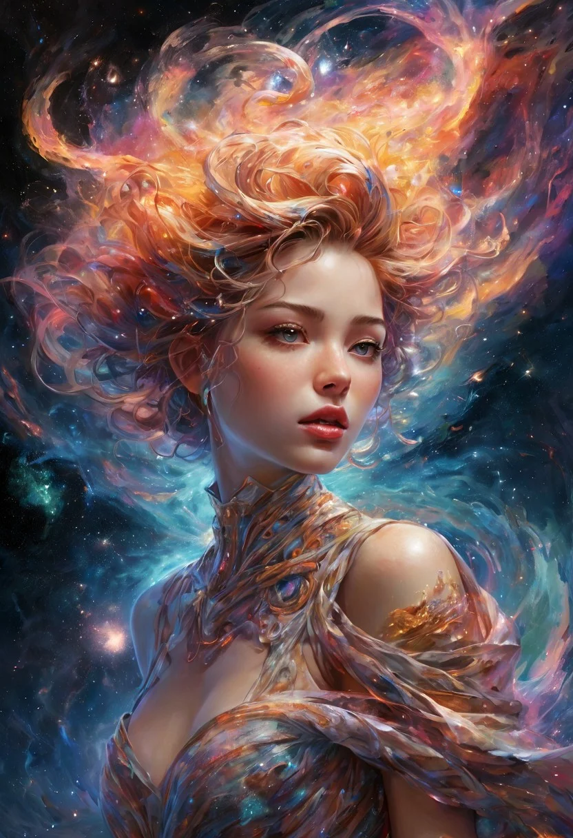 "(in ARTIST style:1.4), (masterpiece:1.2), (female sentient cloud being, wispy form composed of swirling stardust and nebula gas, attire a symphony of celestial bodies galaxies draped like scarves, comets as sashes, rendered in a cosmic abstract style with swirling brushstrokes, wearing unique Avant-garde masterpiece attire and headdress:1.1), (bathed in the diffused glow of a neutron star, set against the backdrop of a colliding galaxies fiery tendrils of energy weaving between them, Background is Deep space with a churning vortex of color and light:1.1), (hyperdetailed:1.1), (intricate details:1.0), (Refined details:1.1), (best quality:1.1), highly detailed textures, (very stylish detailed modern haircut, mesmerizing detailed radiant face, mesmerizing detailed beautiful eyes:1.2)"