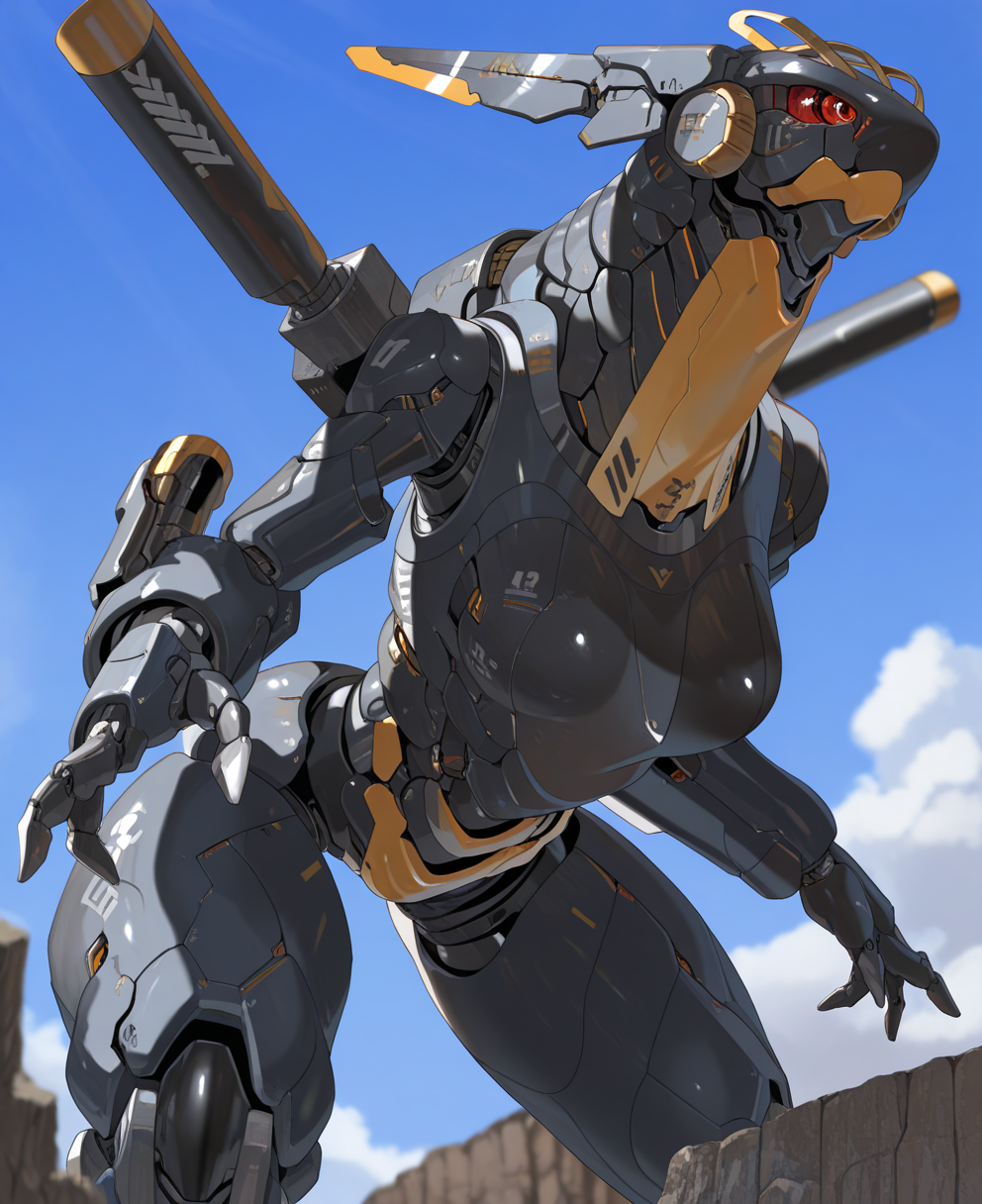 <lora:yuyu:1> yuyu,
(masterpiece), (best quality), (ultra-detailed), amazing quality, very aesthetic, illustration, perfect composition, intricate details, absurdres, incredibly absurdres, shiny skin, realistic,
 yuyu, robot, no humans, solo, mecha, sky, science fiction, blurry, humanoid robot, outdoors, mechanization, general