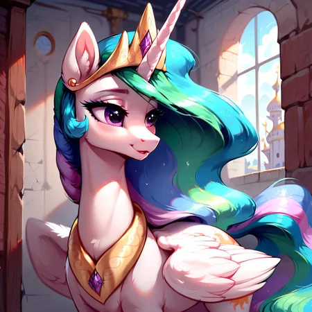 masterpiece, score_9, score_8_up, score_7_up, (best quality:1.1), ultra-detailed, high resolution, 1 girl, solo, pony, alicorn, highly detailed macro illustration, Princess Celestia smiling, blushing, Princess Celestia, feral, female, mare, cute, long eyelashes, (indoors), (((beautiful detailed eyes))), Long eyelashes, fluffy, ear fluff, long eyelashes, (cornering), taking cover, spying, marble wall, Highly Visible, (((8k))), sharp focus, perfect lighting, anatomically correct, extremely detailed, shine on body, (Canterlot Interior), high detail, cute face, Expressiveh, detailed background, OverallDetail, zPDXL2, <lora:Corneringv1:0.8>