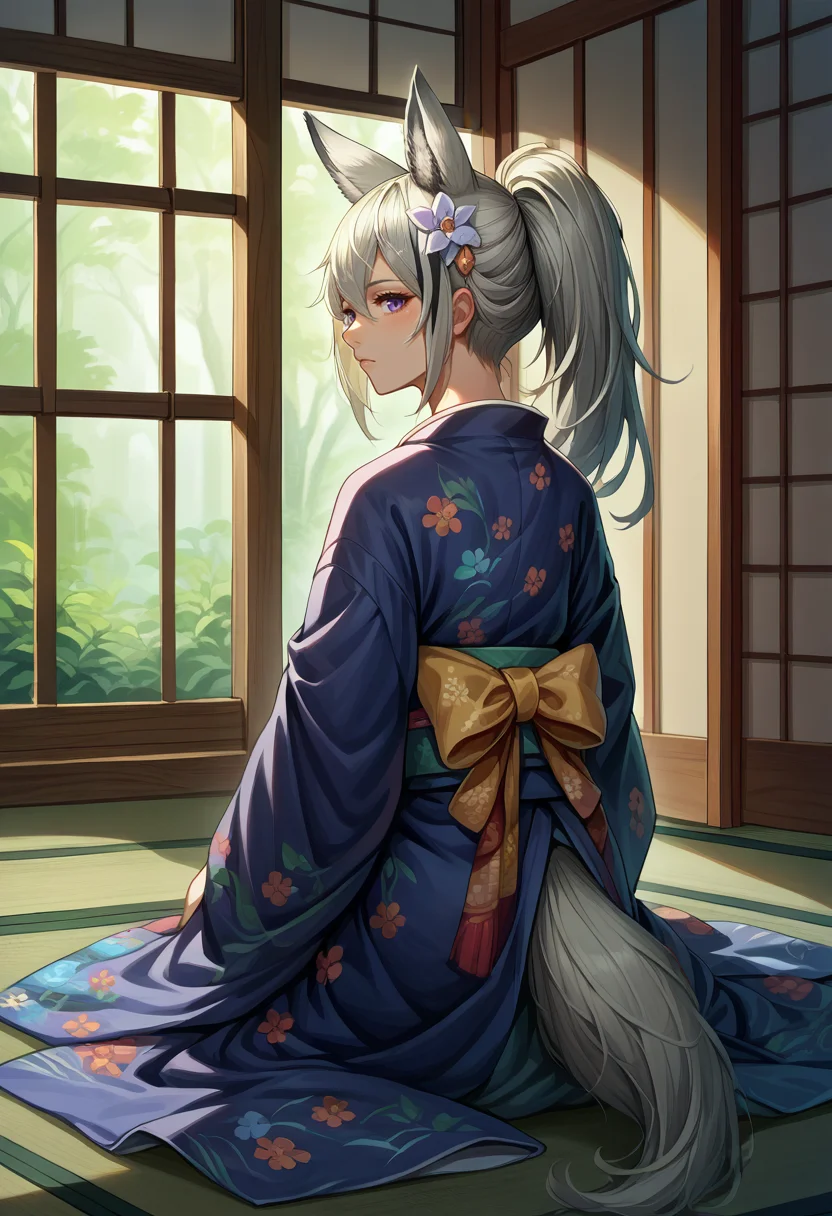 score_9, score_8_up, source_anime, 1girl, solo, GraniArk, animal ears, long hair, high ponytail, streaked hair, tail, indoors, kimono, hair flower, floral print, wariza, kneeling, <lora:ChamGraniArknightsPonyXL:1>