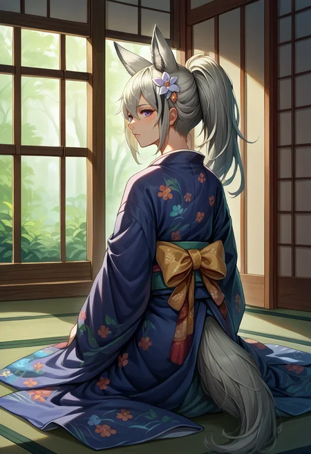 score_9, score_8_up, source_anime, 1girl, solo, GraniArk, animal ears, long hair, high ponytail, streaked hair, tail, indoors, kimono, hair flower, floral print, wariza, kneeling, <lora:ChamGraniArknightsPonyXL:1>