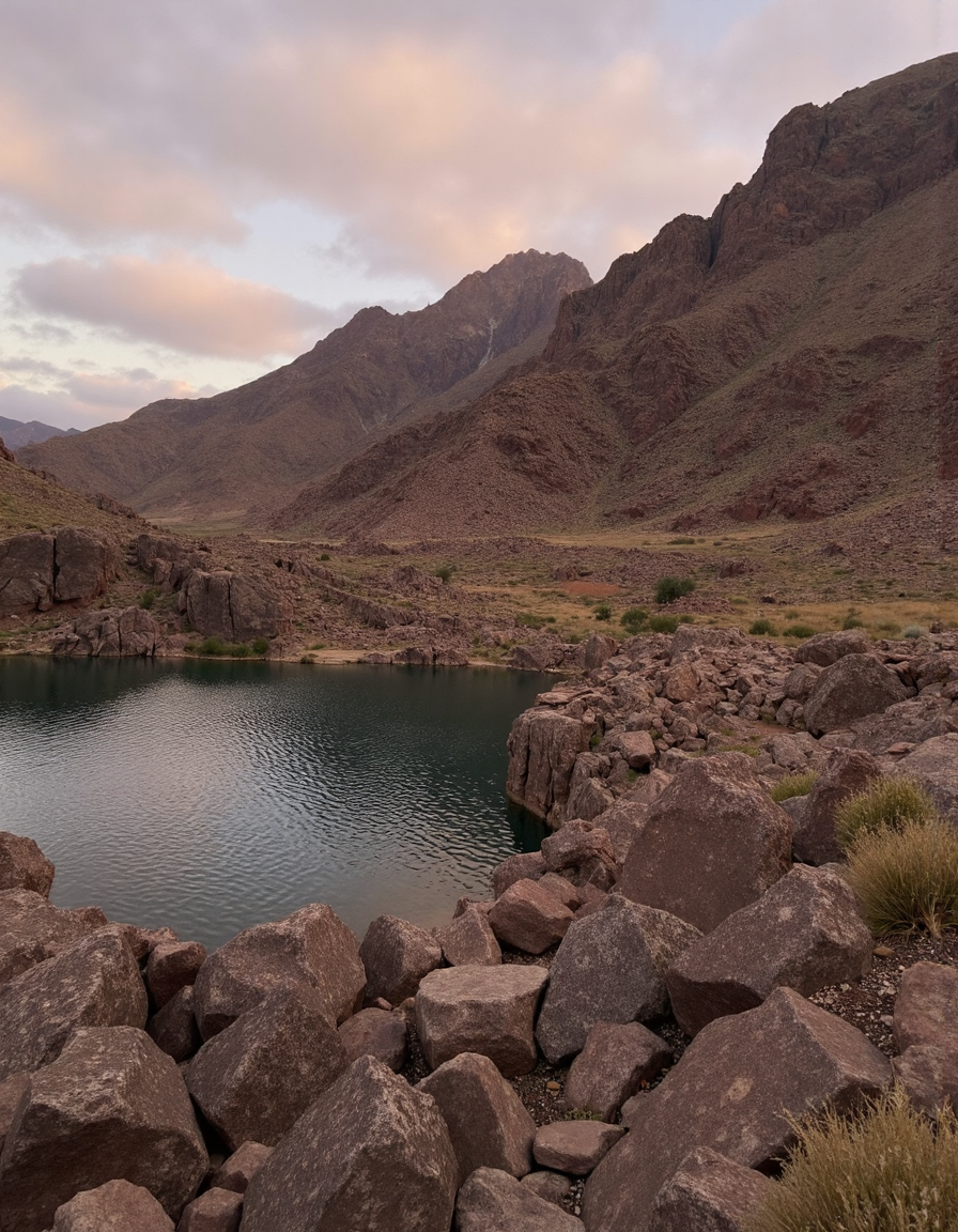 a lake surrounded by rocks and grass in the mountainside area of a desert with a few mountains in the background, ultra wide angle, amateur iphone photo, socmed,  <lora:Zphyr_FLUX_Photorealistic_LoRA:0.4> <lora:socmed_v2:0.65> <lora:photooo-000001:0.5> <lora:iphone-dev-7:0.65> <lora:amateurphoto-6version:0.65>