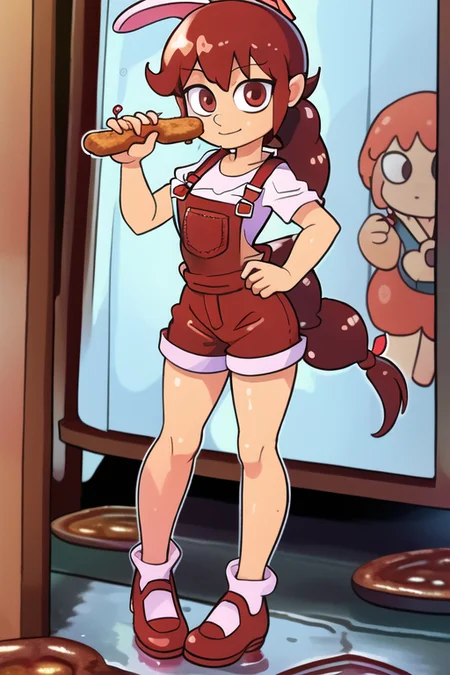 <lora:TFMJellyMage:0.8> JellyMage at a food truck, holding fried chicken, wearing overalls, dripping, puddle, very long ponytail