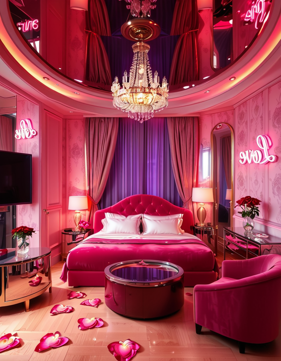 A luxurious, stylish love hotel room,love hotel r00m with a romantic and intimate atmosphere. The room features a large, round king-sized bed with silky red and black sheets, surrounded by soft, ambient lighting. Neon pink and purple LED lights illuminate the walls, creating a sensual glow. A plush velvet sofa sits near the bed, with a glass-topped coffee table holding champagne glasses and a chilled bottle of champagne. The ceiling has a large mirror, reflecting the entire room. On one side, thereâs a floor-to-ceiling window with sheer curtains, showing the night cityscape in the background. A modern jacuzzi tub with rose petals floating on the water is visible in the corner, surrounded by candles. The room has a sleek, modern design with a touch of opulence, including gold accents on the furniture and warm wooden floors. The lighting is dim and moody, emphasizing the romantic ambiance.
<lora:SDXLFaeTastic2400:0.4> <lora:extremely_detailed:0.4> extremely detailed, <lora:love_hotel_r00m:1>, Masterpiece,best quality,hi res,8k,hi res,8k,award winning,(sharp focus, intricate, highly detailed),
