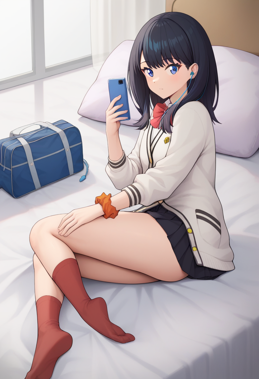score_9,score_8_up,score_7_up,<lora:takarada_rikka_pony:1>,holding_phone, school_bag, on_side, wrist_scrunchie, black_skirt, looking_at_viewer, takarada_rikka, earbuds, pleated_skirt, feet_out_of_frame, commentary_request, no_shoes, orange_scrunchie, smartphone, 1girl, long_sleeves, miniskirt, bed_sheet, red_bow, red_socks, white_cardigan, solo, hand_between_legs